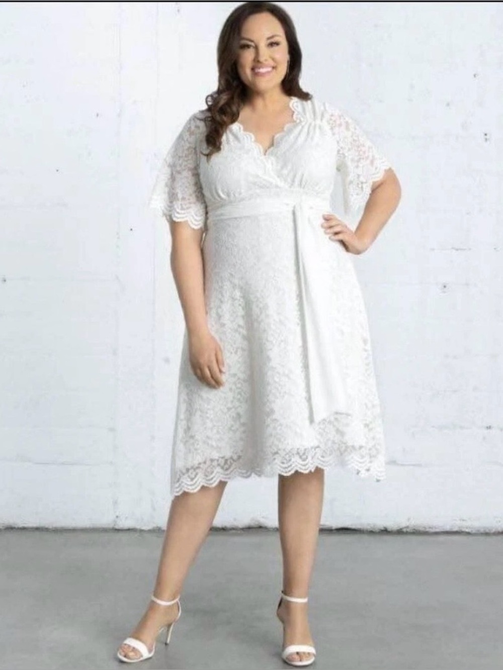 Kiyonna Bridal Dress Midi Size 0X Large Ivory Lace Day Dress Short Sleeves 10/12 - Picture 8 of 11